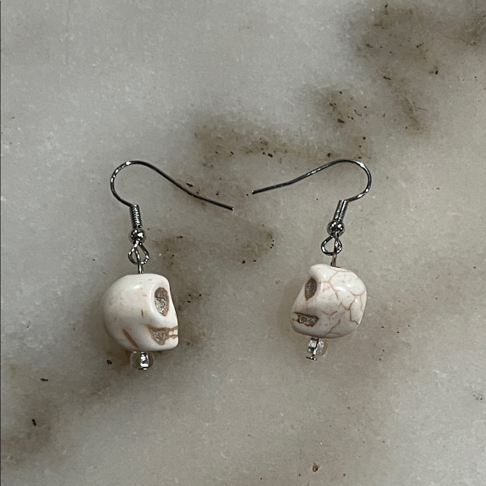 White Howlite Skull Drop Earrings